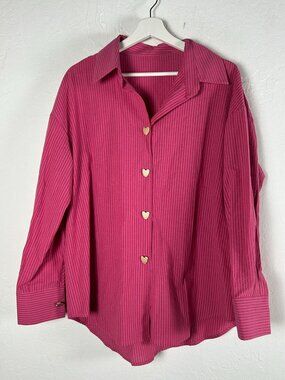 Women's Heart-Shaped Buttons Long-Sleeve Red Striped Shirt Large Collared Casual